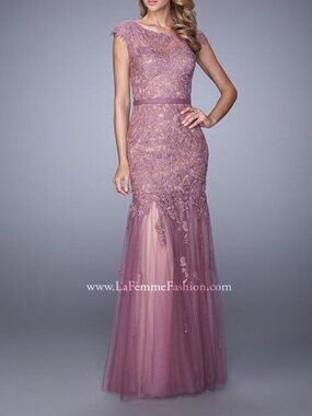 La Femme - Mauve Lace and Tulle Gown with Sheer Lace Capped Sleeves - US size 6